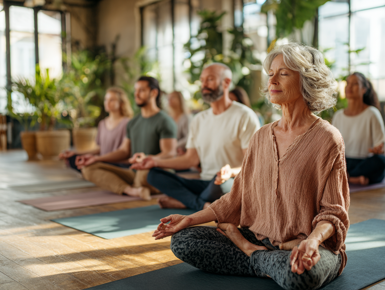 Група людей різного віку практикує йогу в затишному залі