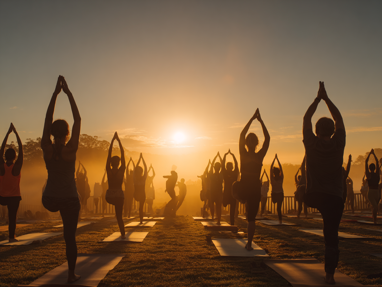 Йога на природі - жінка в позі медитації на восході сонця